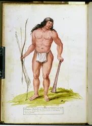 Native of the Caribbean with his weapons, from a manuscript on plants and civilization in the Antilles, c.1686